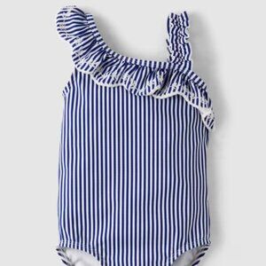 Gymboree Girls 4T Blue White Striped 1 Pc Bathing Swim Suit Ruffle Splish-Splash